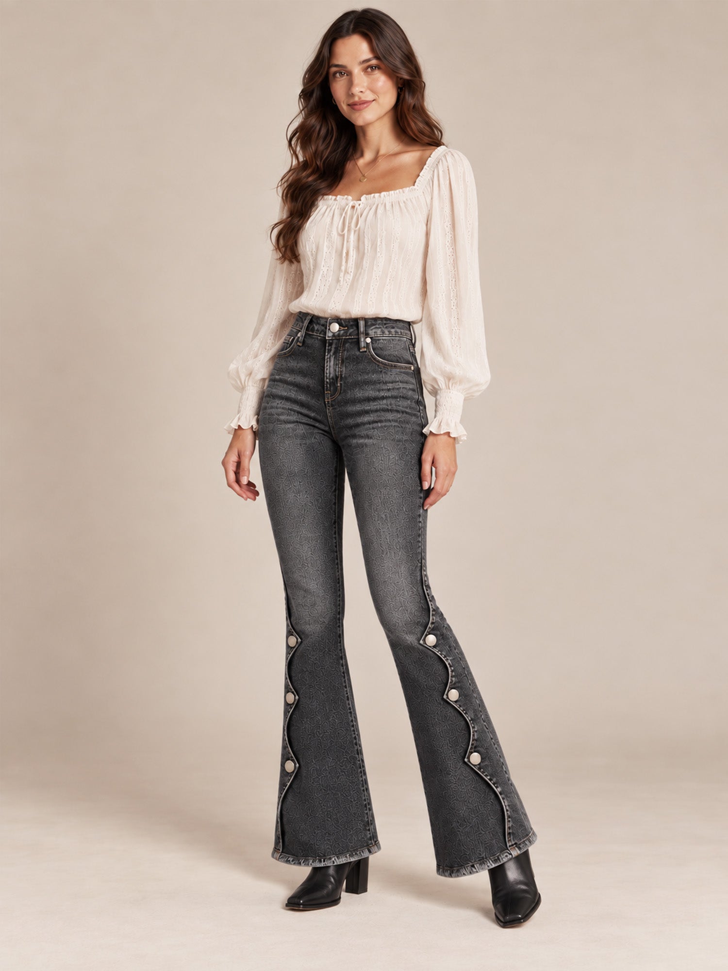 Women High Waisted Distressed Flare Jeans