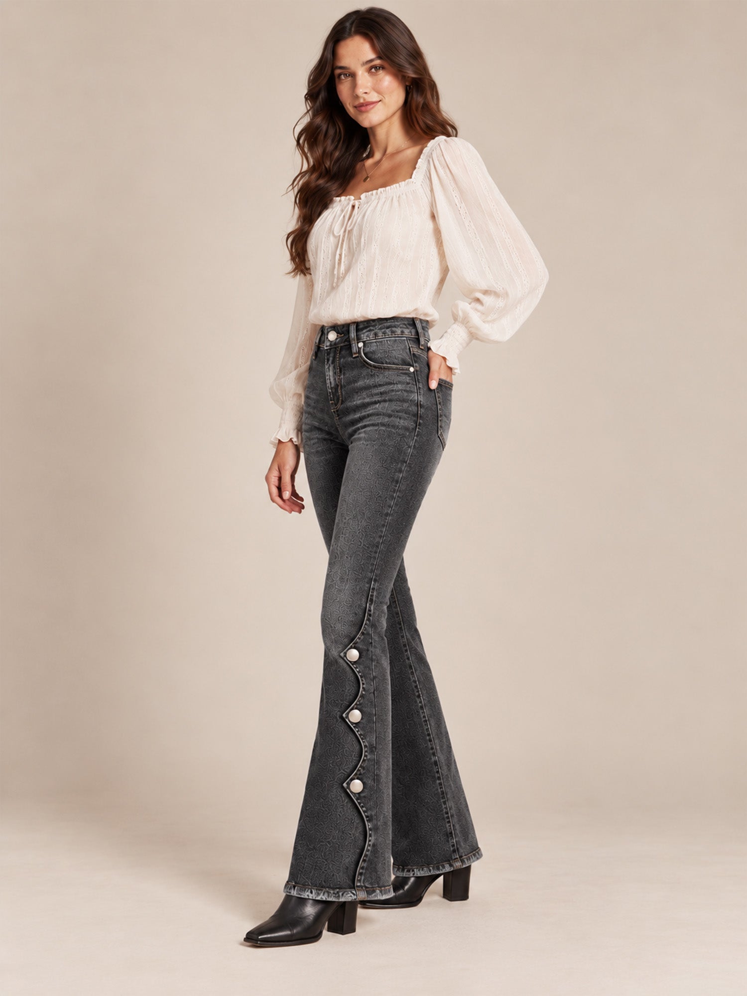 Women High Waisted Distressed Flare Jeans