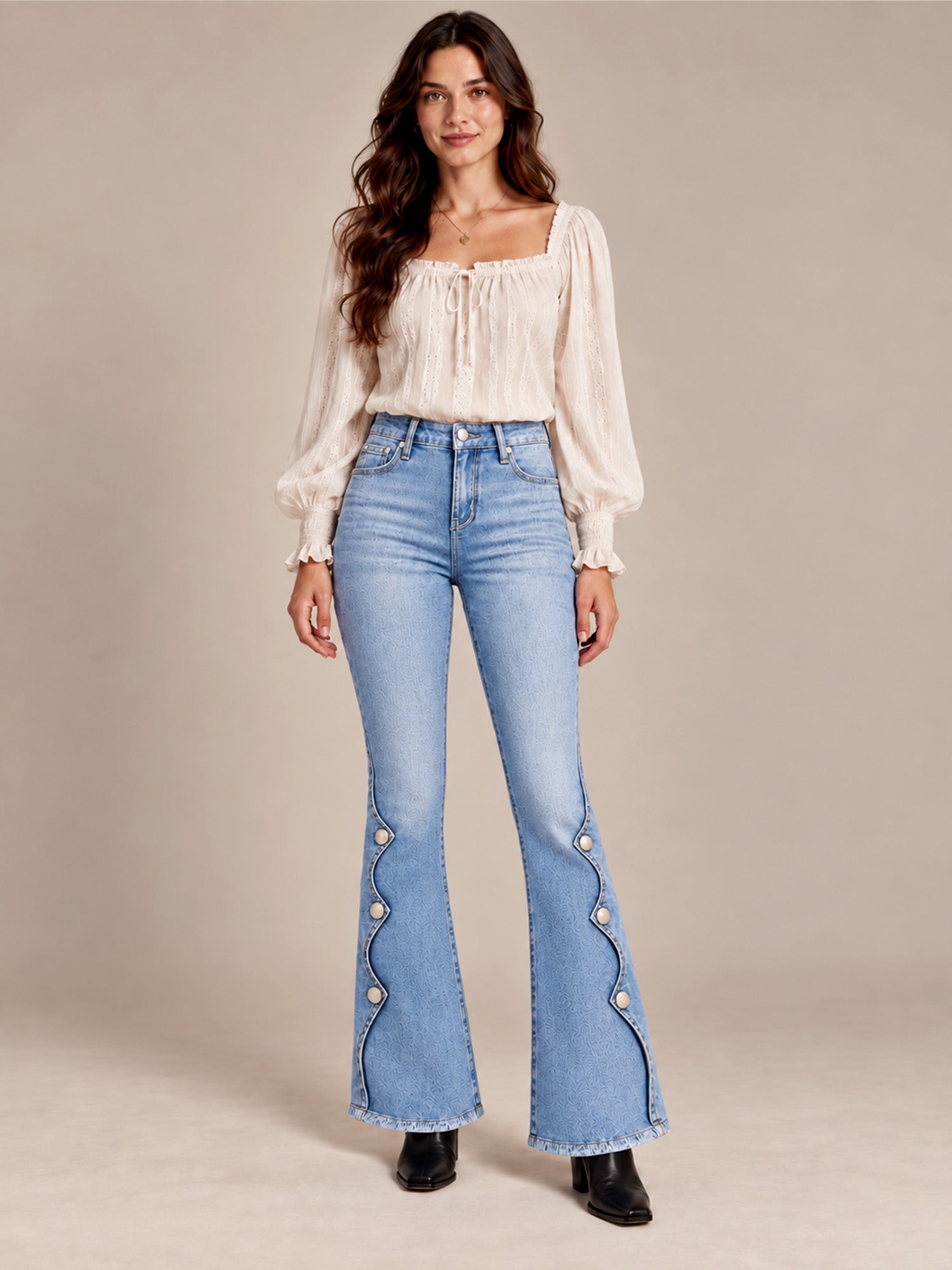 Women High Waisted Distressed Flare Jeans
