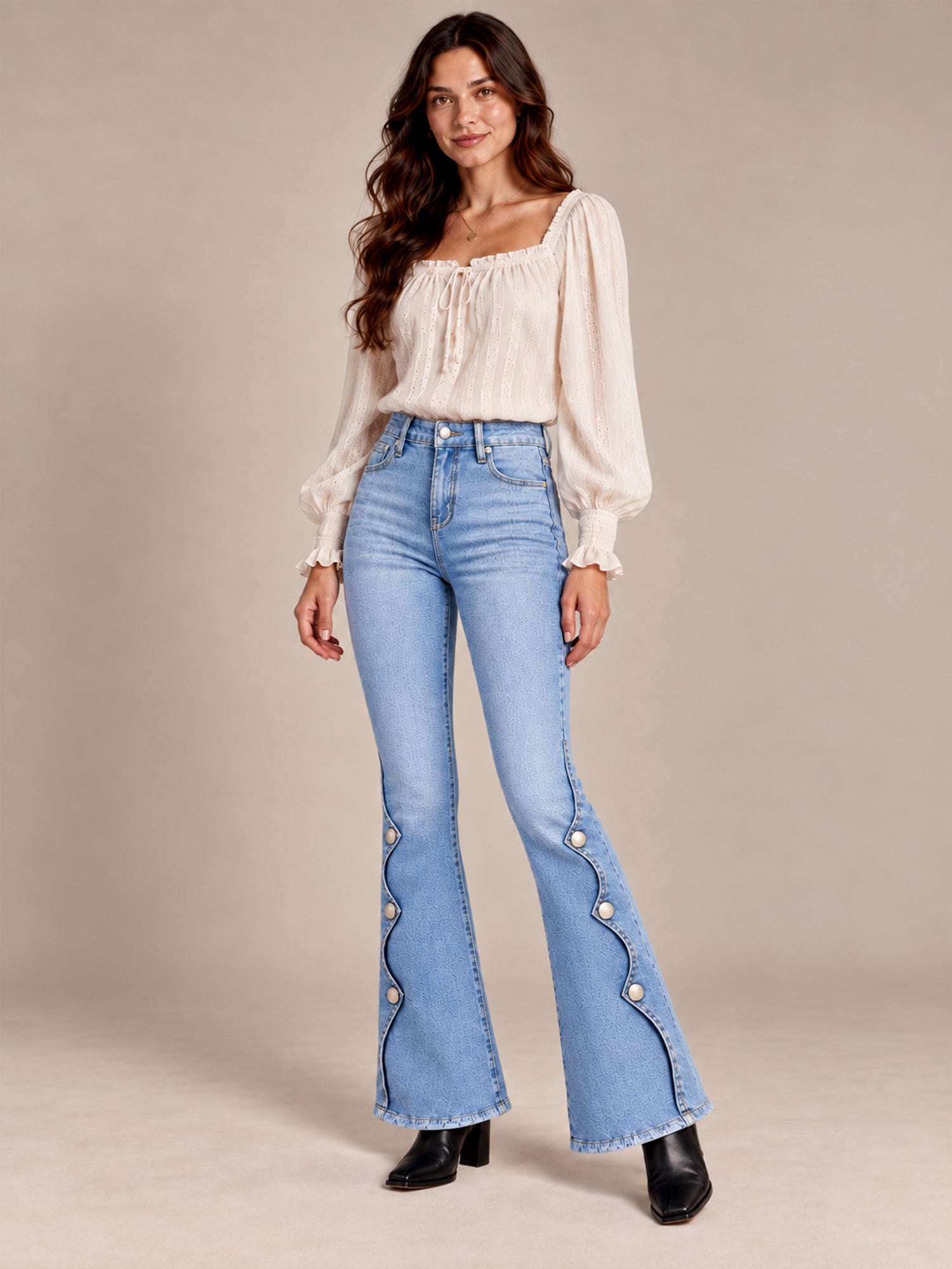 Women High Waisted Distressed Flare Jeans
