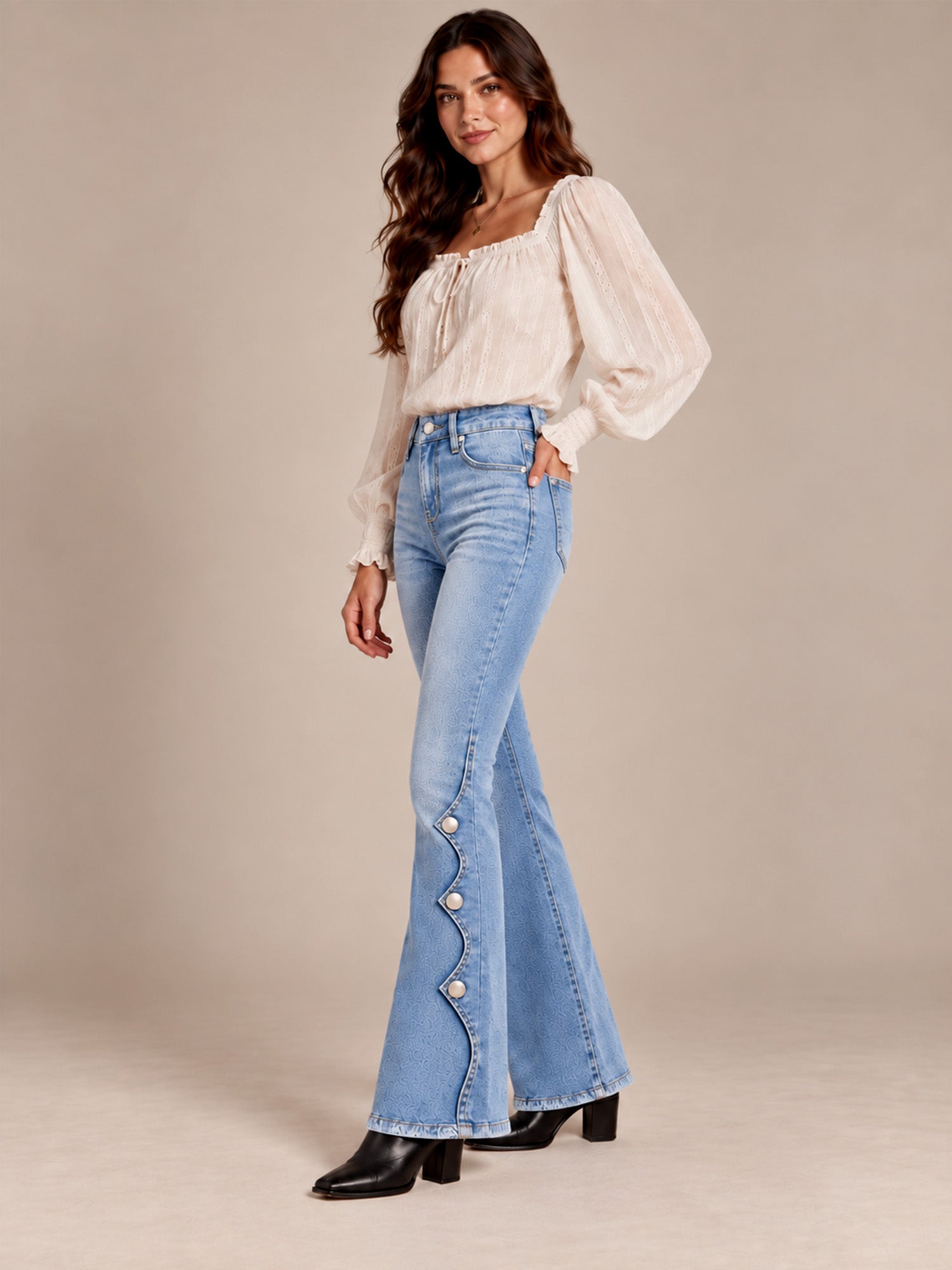 Women High Waisted Distressed Flare Jeans