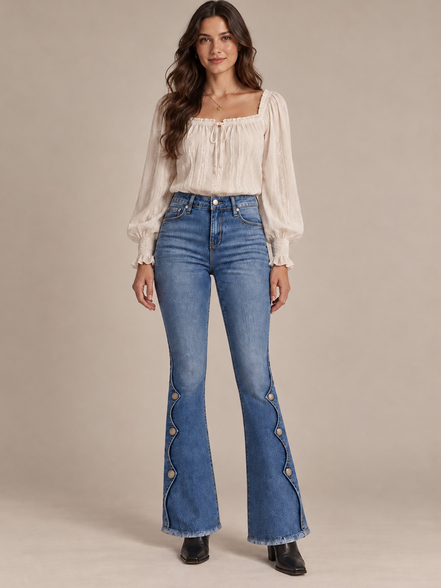 Women High Waisted Distressed Flare Jeans