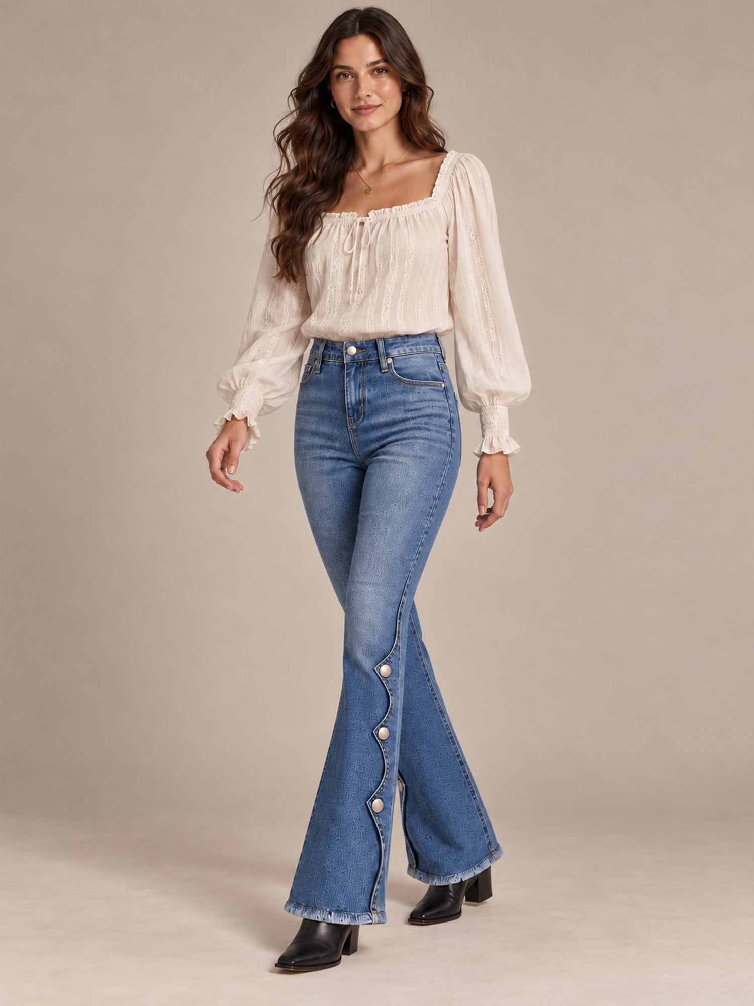 Women High Waisted Distressed Flare Jeans