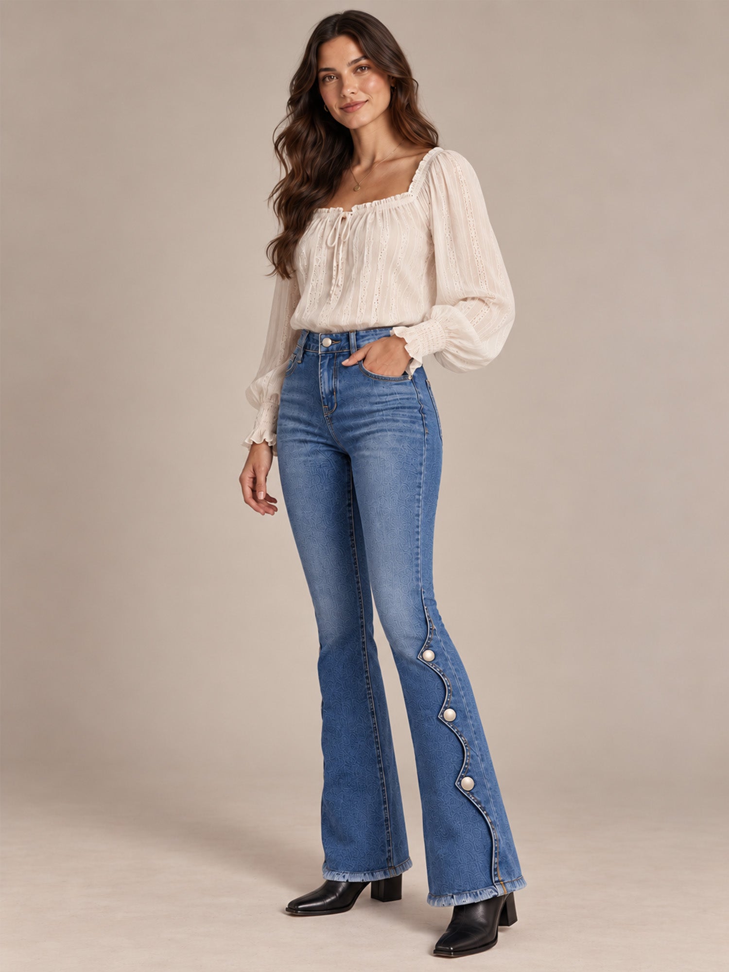 Women High Waisted Distressed Flare Jeans