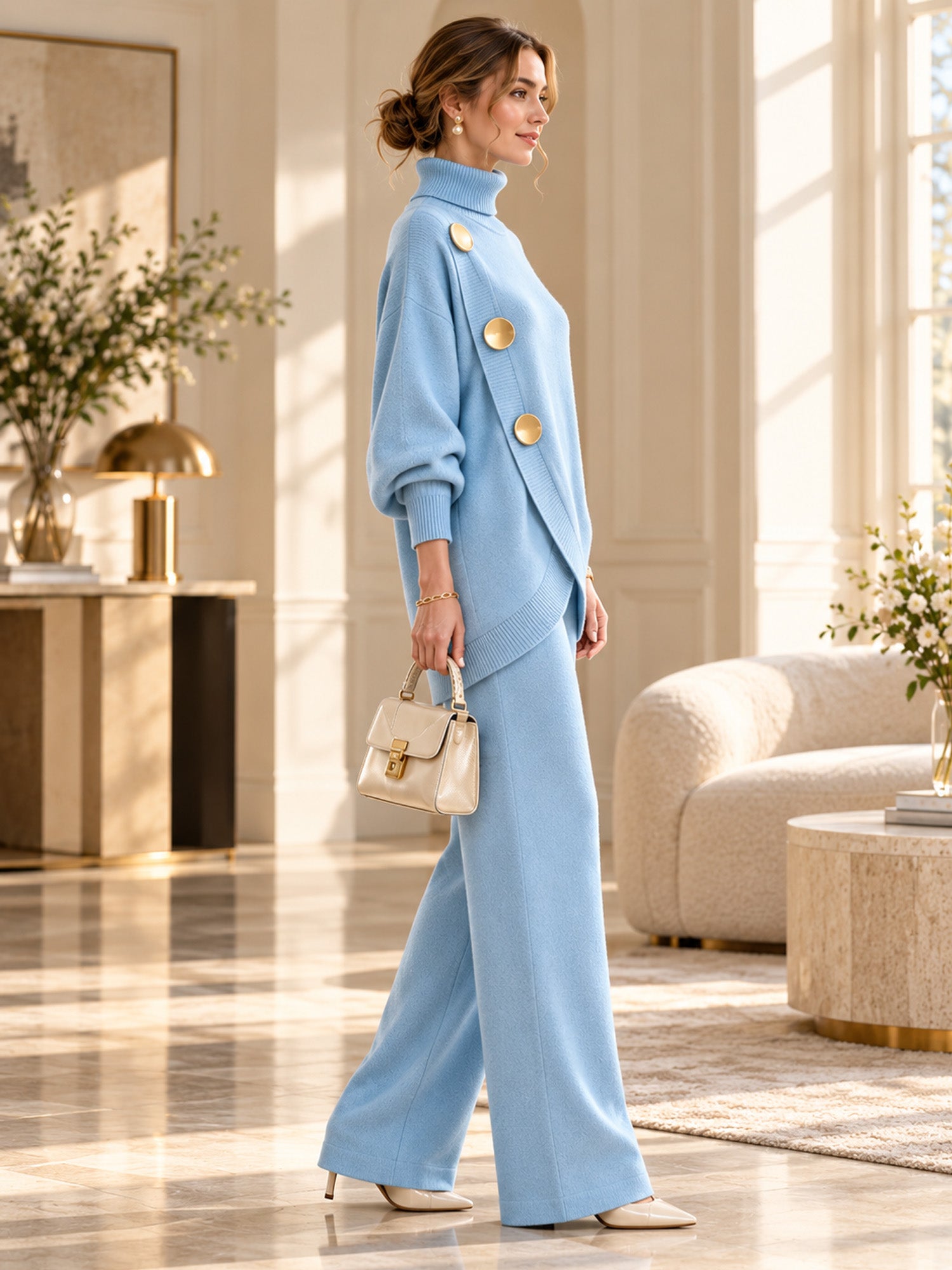 Women's Elegant Turtleneck Sweater & Wide-Leg Pants Set