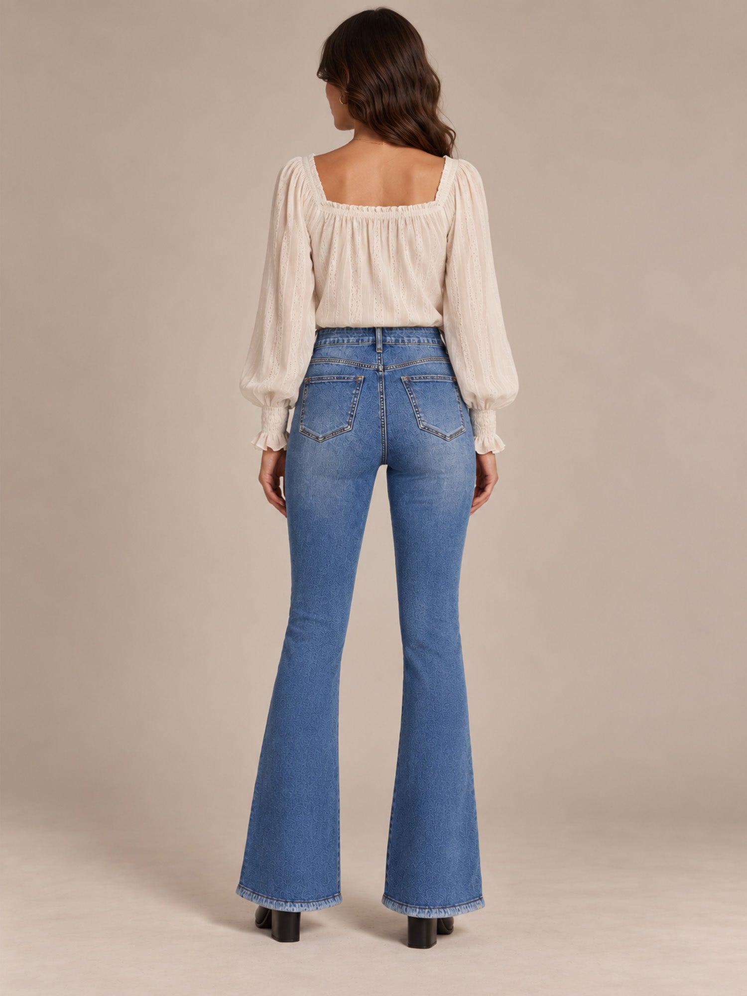 Women High Waisted Distressed Flare Jeans