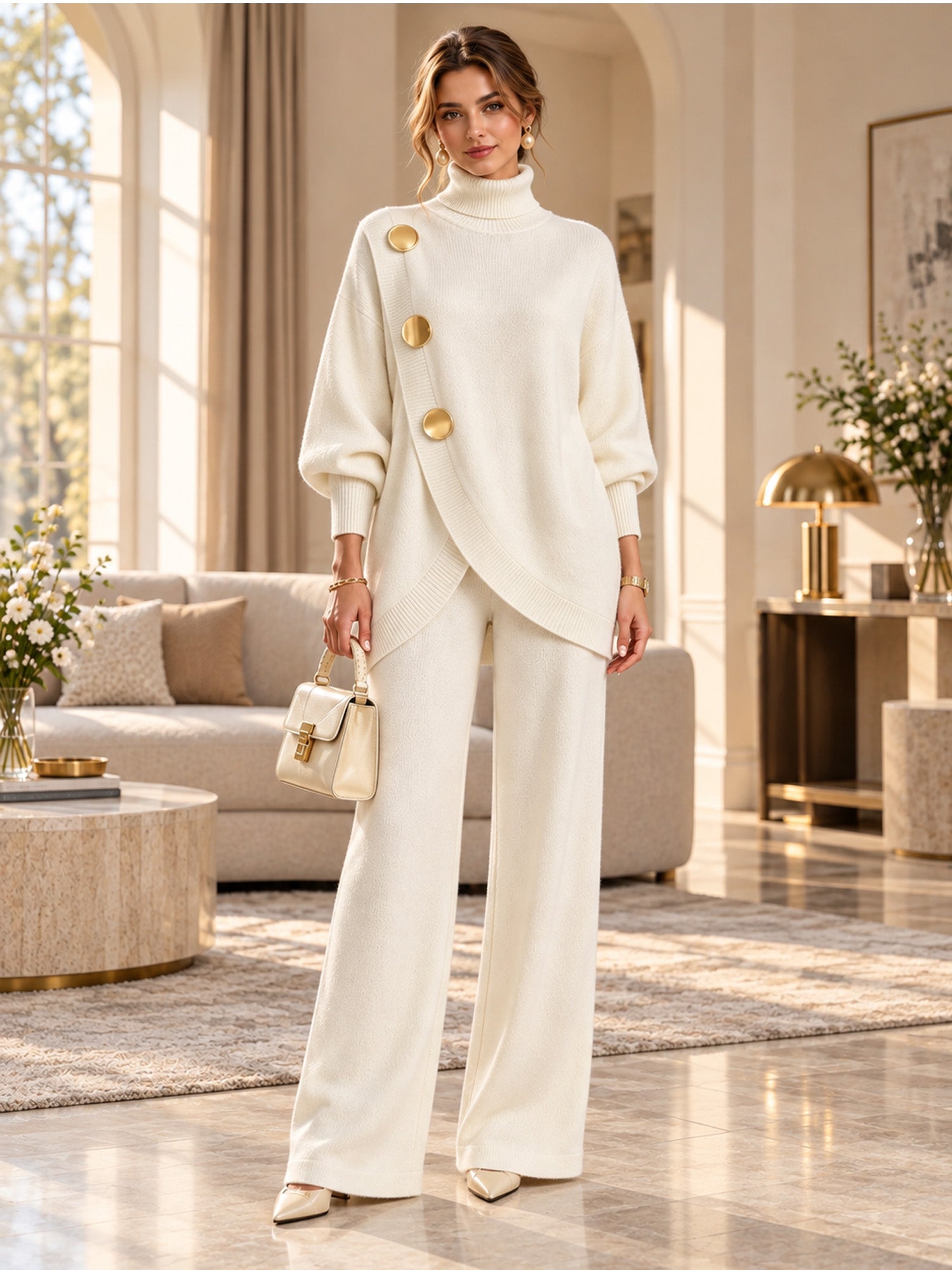 Women's Elegant Turtleneck Sweater & Wide-Leg Pants Set