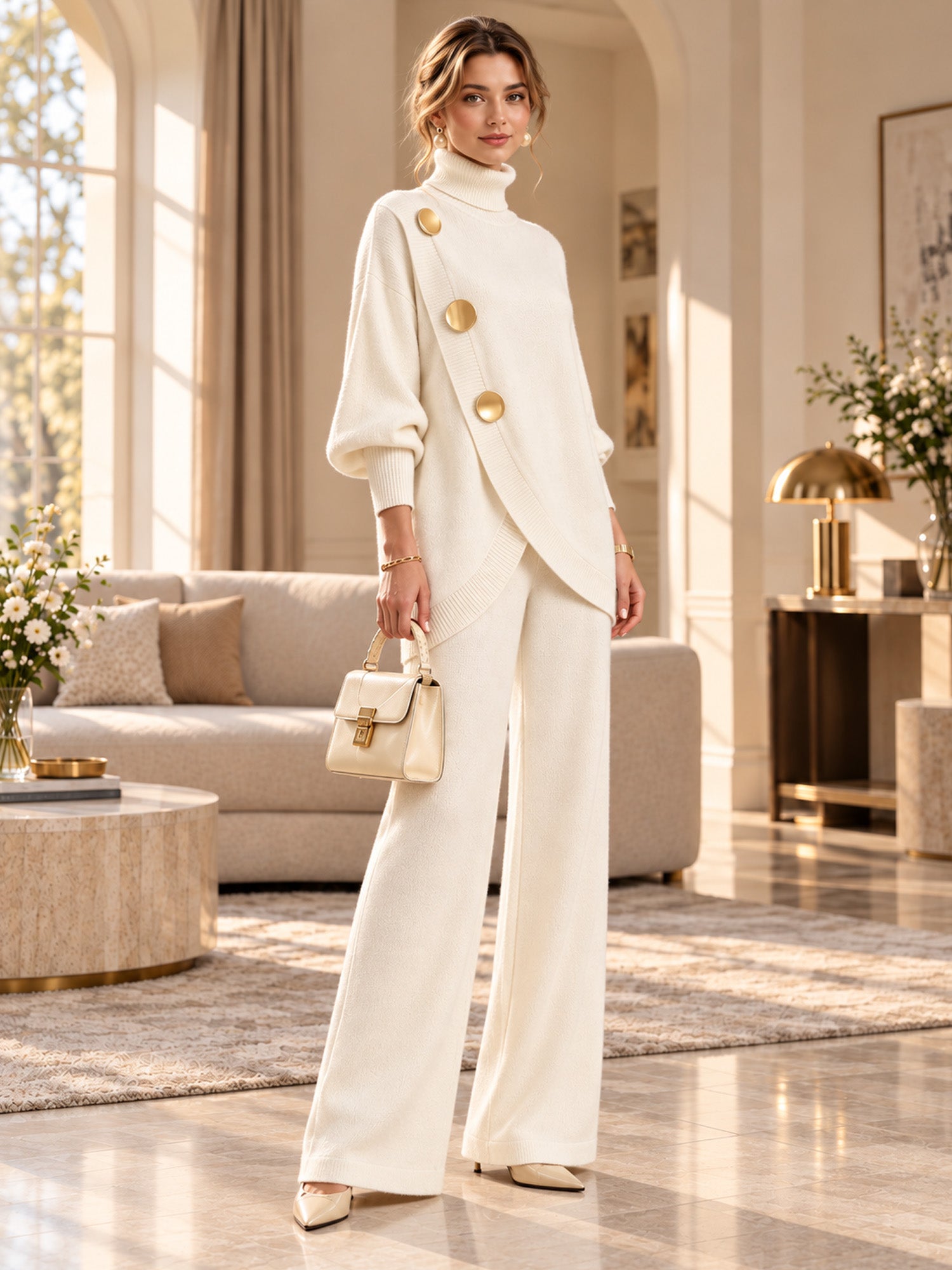Women's Elegant Turtleneck Sweater & Wide-Leg Pants Set