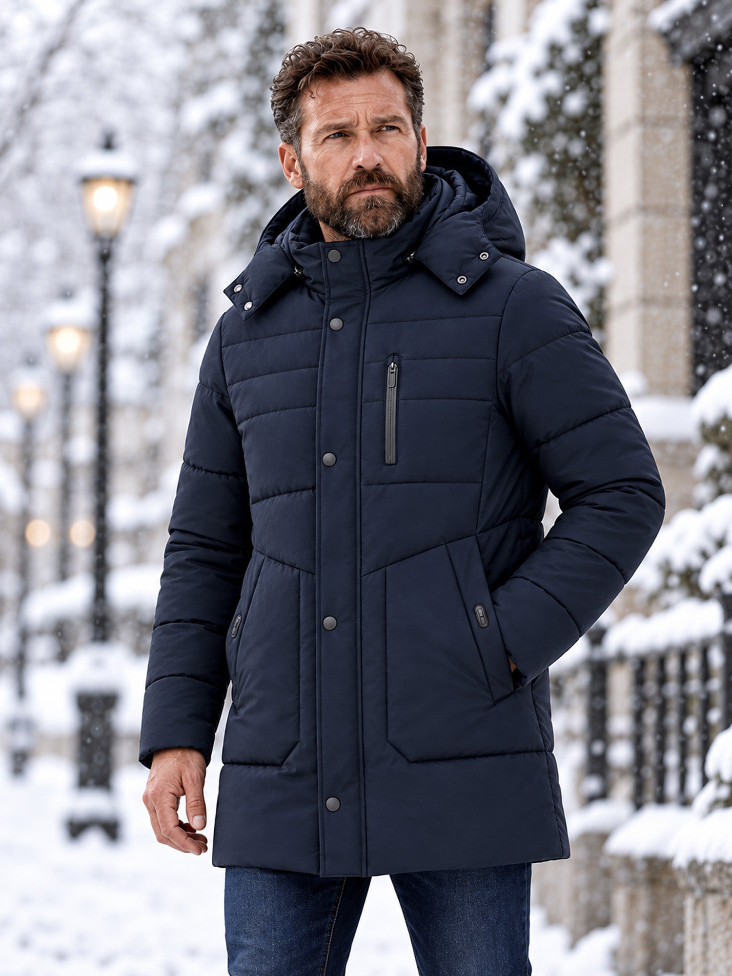 Men's Mid-Length Winter Padded Thickened Business Casual Cotton Coat for Middle-Aged Men