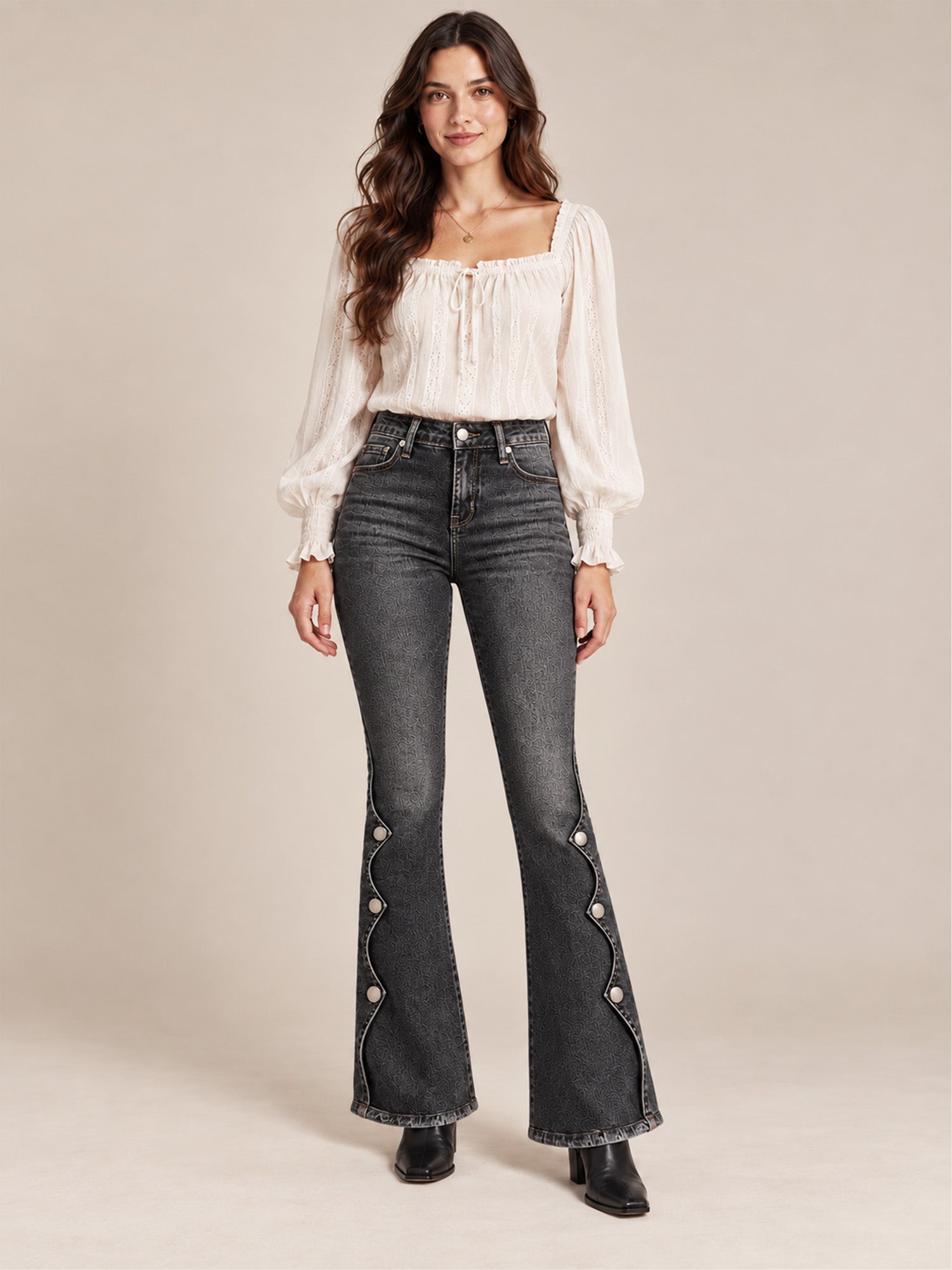 Women High Waisted Distressed Flare Jeans