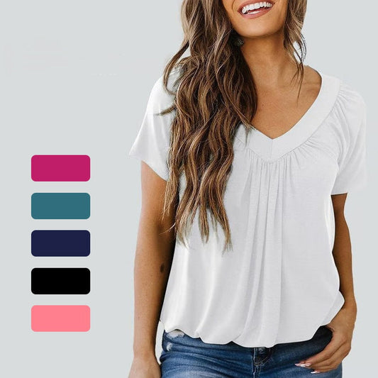 ✨ Hot Sale-50% Discount✨Women's Casual Pleated V-Neck Short-Sleeve Top
