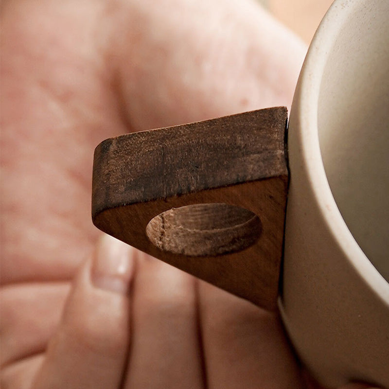 Vintage Coffee Mug with Wooden Handle & Saucer
