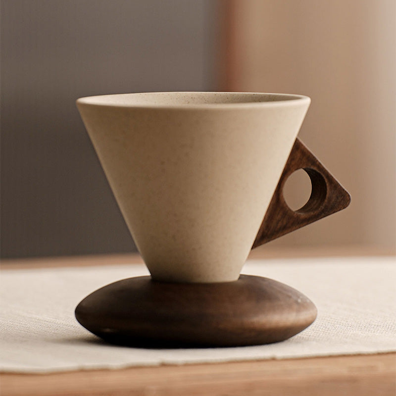 Vintage Coffee Mug with Wooden Handle & Saucer