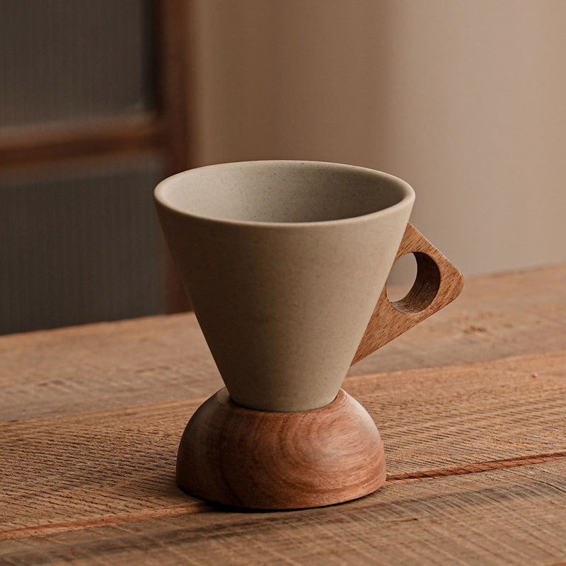 Vintage Coffee Mug with Wooden Handle & Saucer